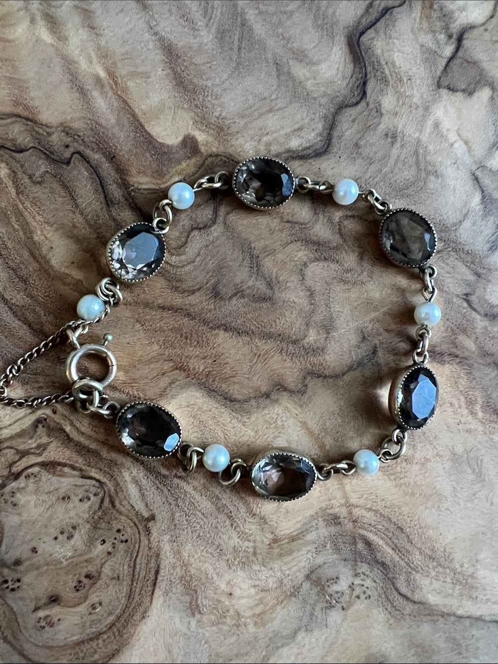Vintage Smoky Quartz and Pearl Gold Tone Bracelet with safety clasp. Small